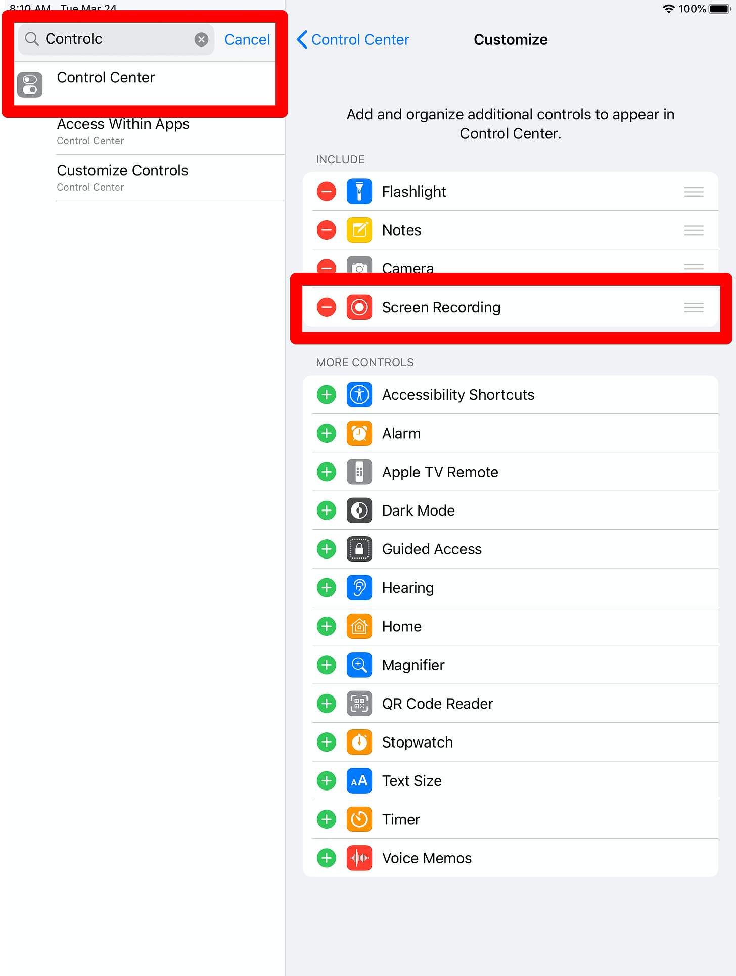 Menu in iOS getting to recording from the search in settings