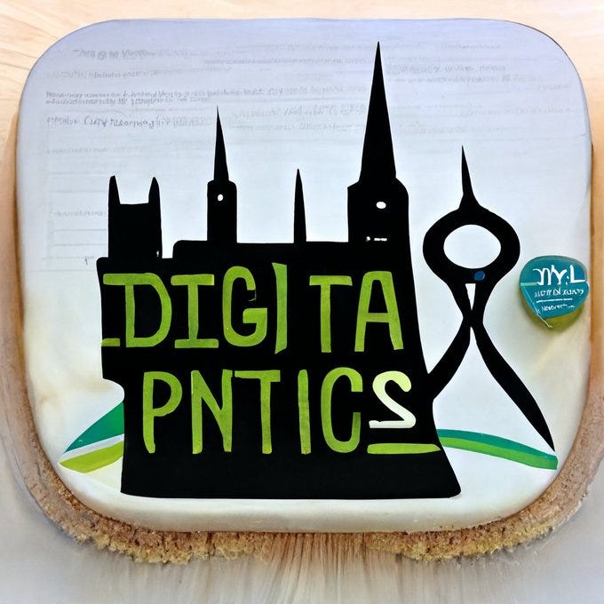 a logo of a city skyline with the words DIGITA PNTICS written on it in green. It looks vaguely like the batman building in Nashville, some churches, and the seattle space needle.