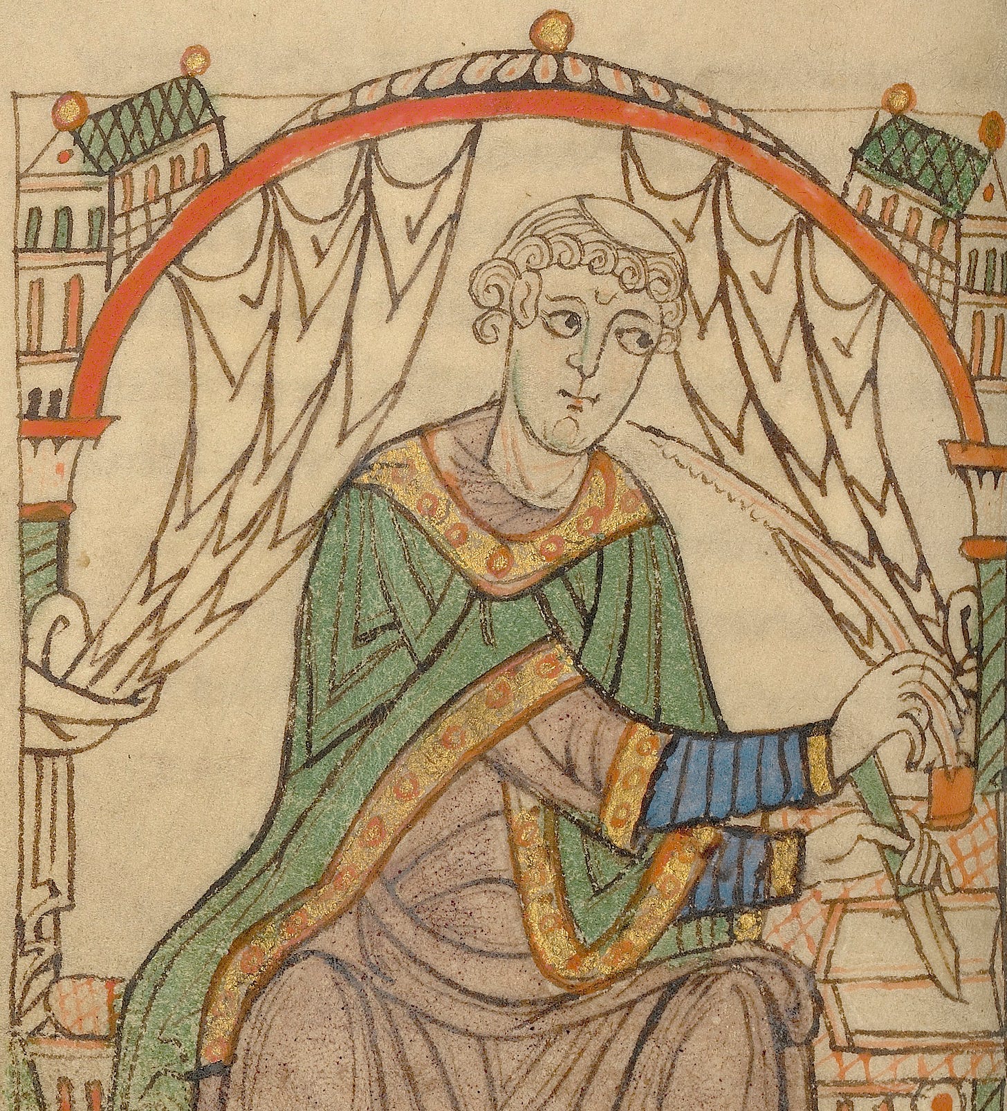Bild på pergament av en man i grön mantel som sitter och skriver med en fjäderpenna.
