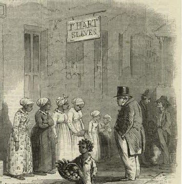 Black women speaking with prosperous white man beneath sign advertising slave sales
