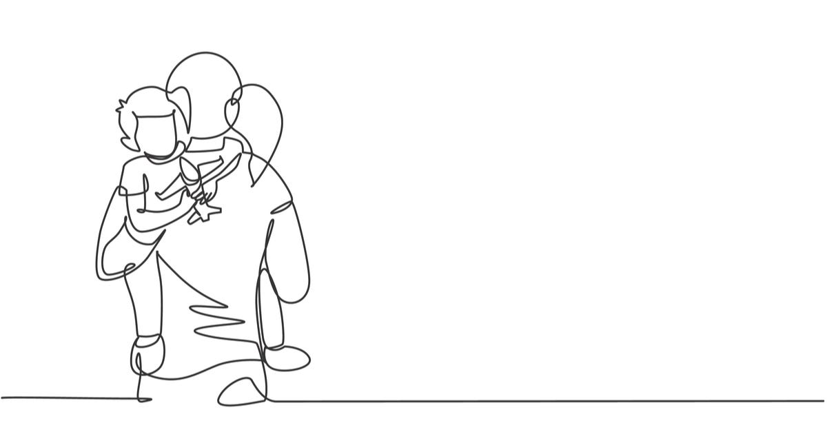 One continuous line drawing of young mother hugging her sleepy son while holding airplane toy at home, family life. Happy parenting concept. Dynamic single line draw design vector graphic illustration