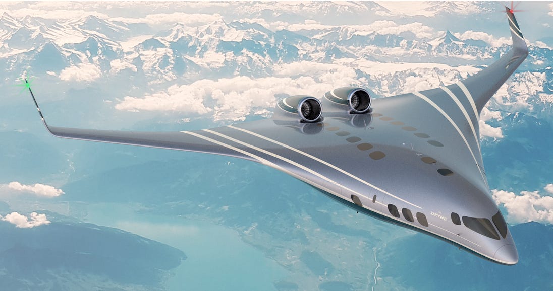 A promotional render of the DZYNE Ascent, a radical small Blended-Wing Body airliner