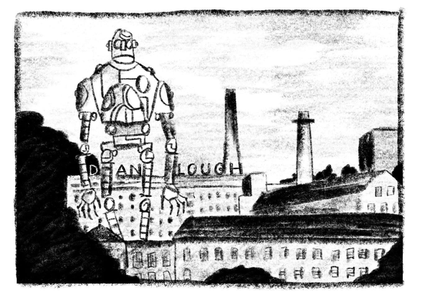 Illustration of Chris Mould’s Iron Man walking through Dean Clough Mills, Halifax.