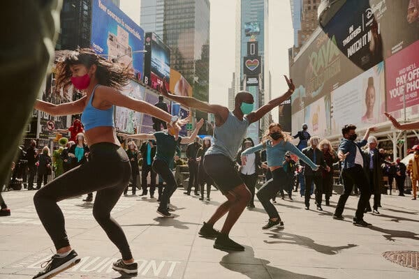 Dancers at the show, on the anniversary of the theater shutdown in New York.