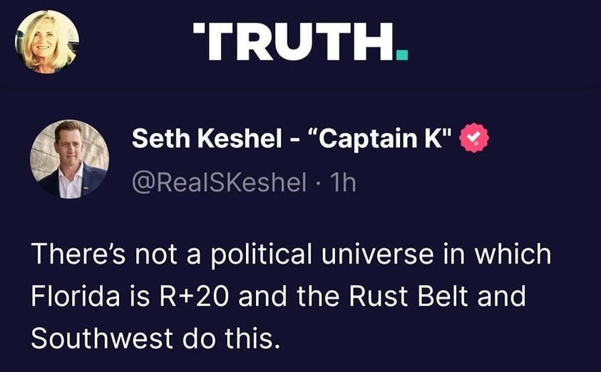 May be an image of 2 people and text that says ''TRUTH. Seth Keshel "Captain K" @RealSKeshel 1h There's not a political universe in which Florida is R+20 and the Rust Belt and Southwest do this.'
