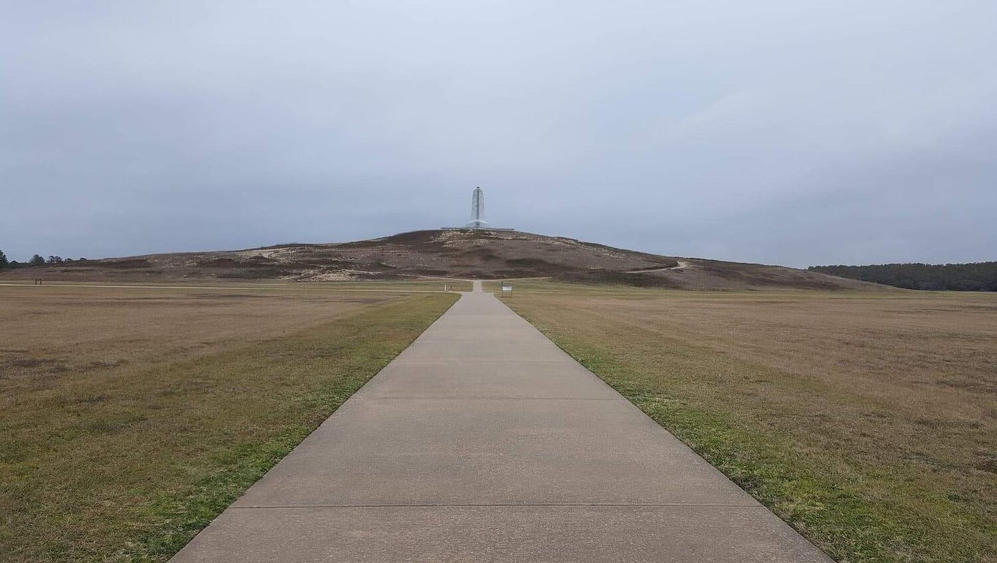 This is where the Wright Brothers made the first human flight. Kitty Hawk, NC