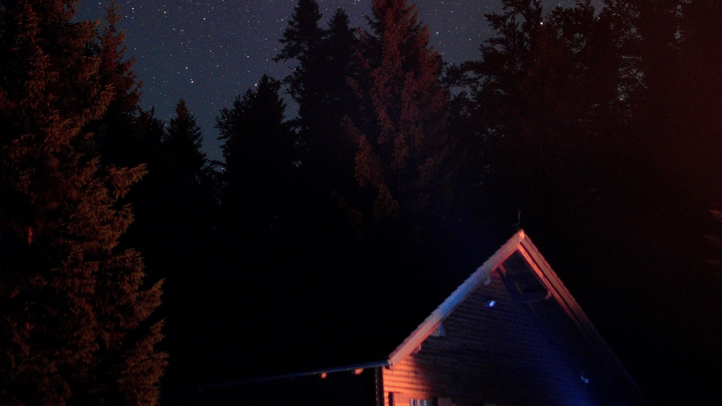 Download wallpaper 2560x1440 house, night, dark, trees, starry sky  widescreen 16:9 hd background