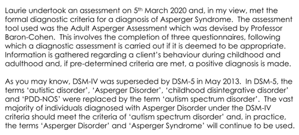 Extract from cover letter to my diagnostic report, stating that i meet the criteria for diagnosis of asperger syndrome, using the test devised by Professor Baron Cohen, the adult asperger assessment.