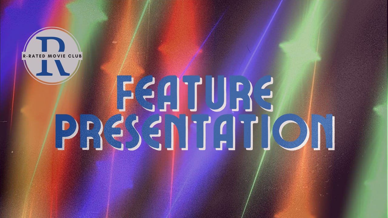 The words Feature Presentation in front of shining stars of orange, green, red, and blue, with scratches and marks all over like an old film strip.