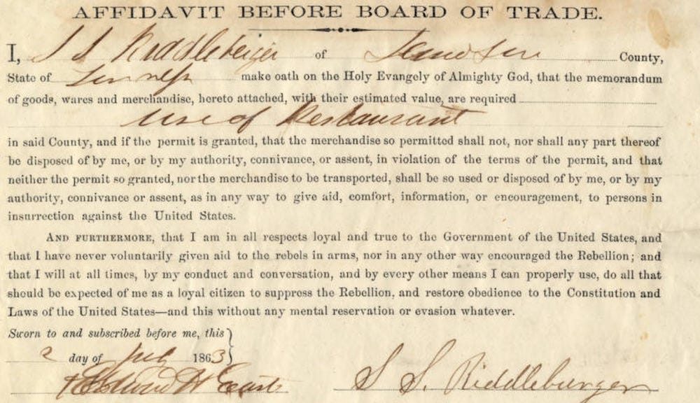 Union Army Board of Trade Affidavit, Nashville.  