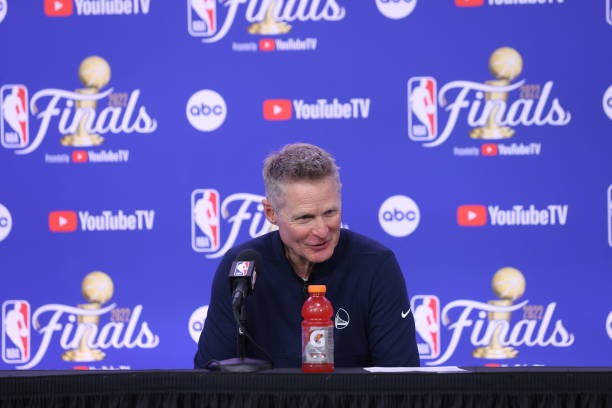 Head Coach Steve Kerr of the Golden State Warriors talks to the media after Game Four of the 2022 NBA Finals against the Boston Celtics on June 10,...