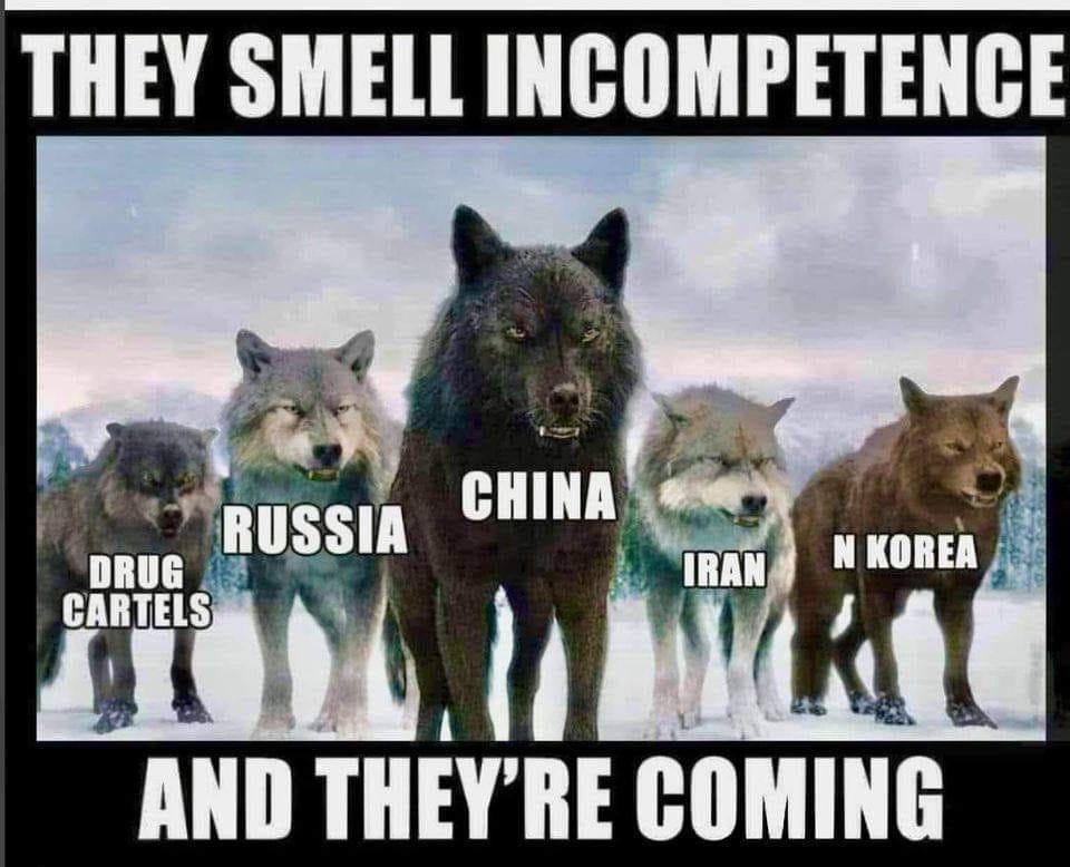 May be an image of text that says 'THEY SMELL INCOMPETENCE RUSSIA DRUG CARTELS CHINA IRAN N KOREA AND THEY'RE COMING'