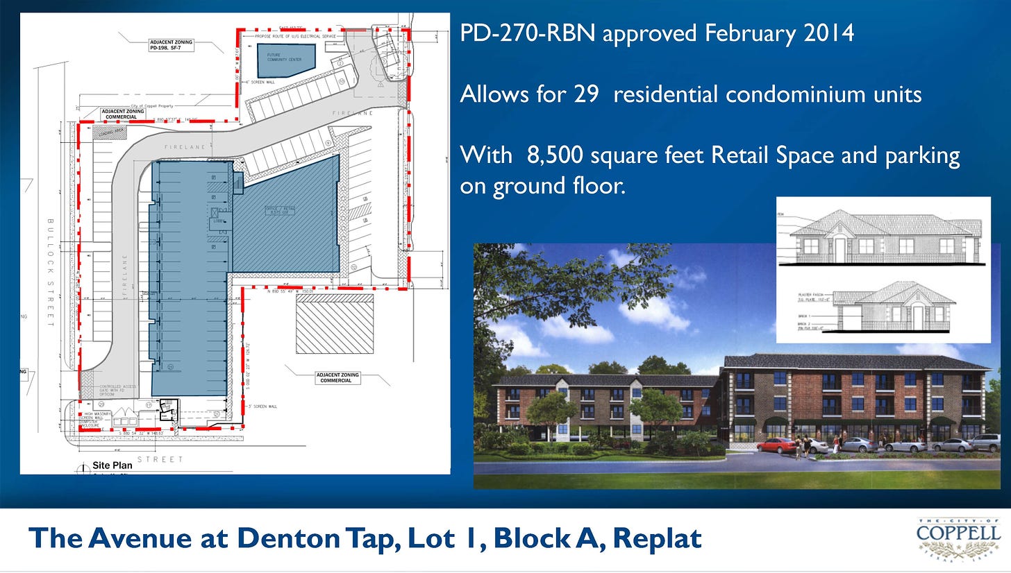 The plans for, and a rendering of, The Avenue at Denton Tap