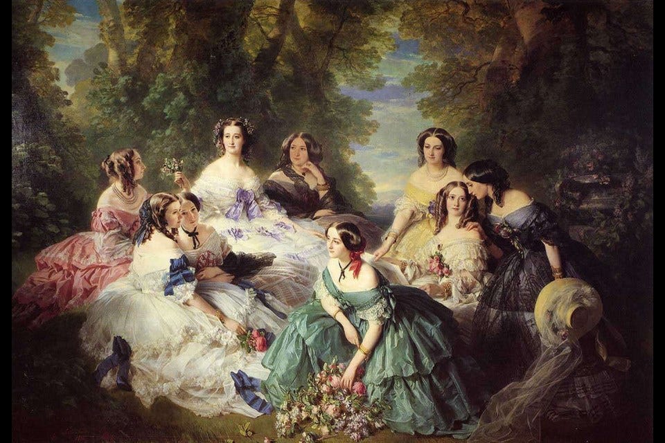 Anna Masséna was the mistress of the robes in the court of France's last empress, Eugenie. In this painting by Franz Xaver Winterhalter, the Empress is centre left with the purple bow) and Anna, also known as the Princess d'Essling and Duchess of Rivoli, is in pink. Anna Masséna was the mistress of the robes in the court of France's last empress, Eugenie. In this painting by Franz Xaver Winterhalter, the Empress is centre left with the purple bow) and Anna, also known as the Princess d'Essling and Duchess of Rivoli, is in pink.