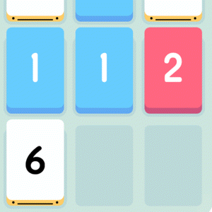An animation of close-ups of screenshots in Threes where 1 and 2 come together to make three. This is in the regular color scheme, blue and red on white with yellow accents.
