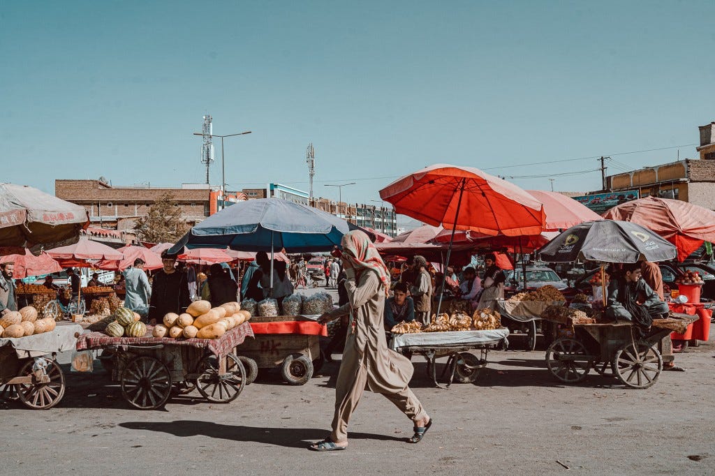 Fruit and vegetable sellers bring their produce on wooden carts, Murade Khane, Kabul. 
