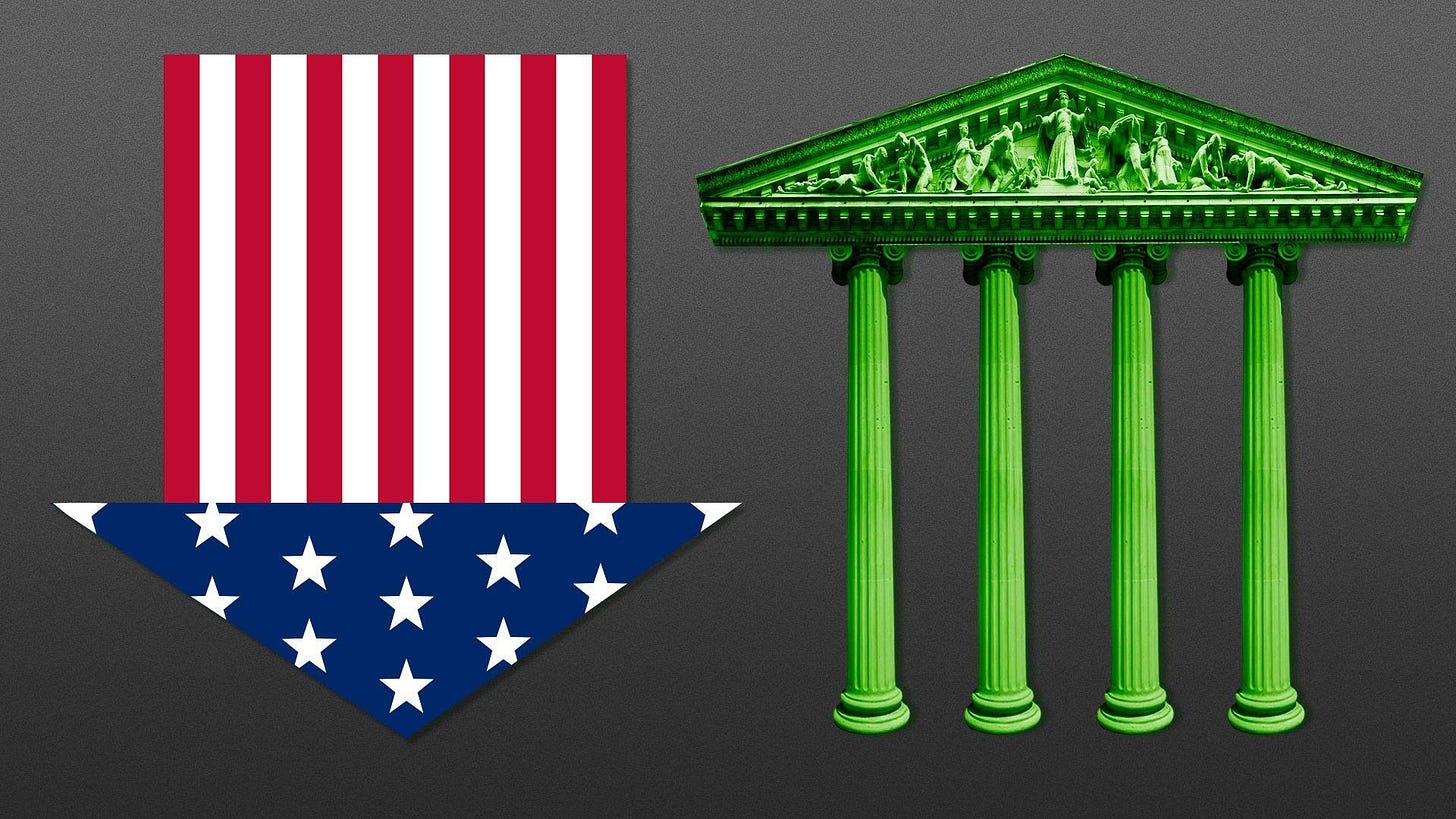 Photo illustration of two arrows: one pointing down and made of the US flag, the other pointing up and made of the exterior of the New York Stock Exchange.