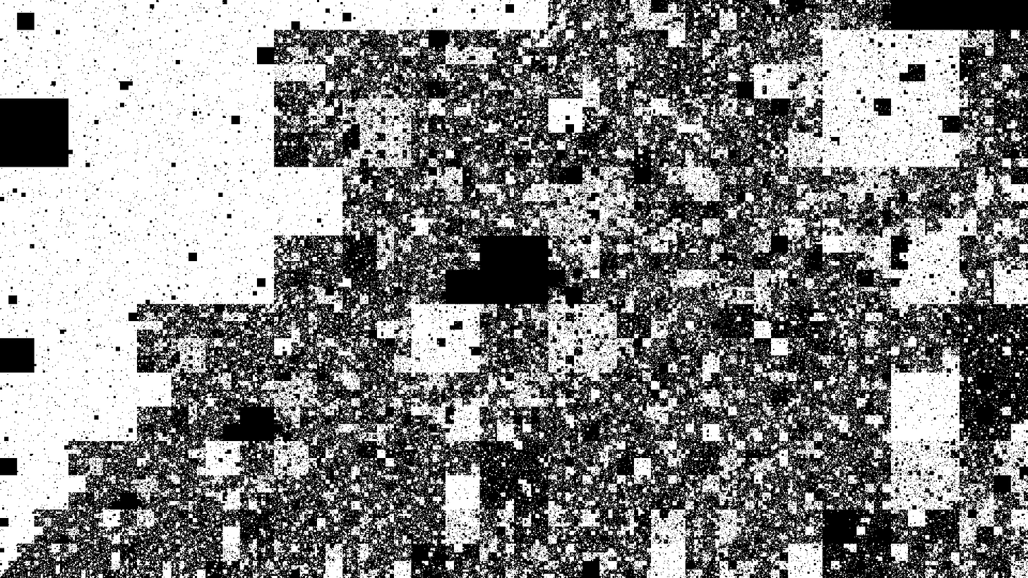 a rectangle of hard black or white squares, overlaid with a fractal progression of finer squares