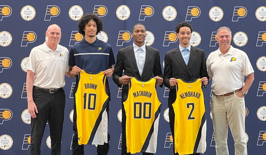 Kendall Brown, Bennedict Mathurin and Andrew Nembhard introduced as Pacers.