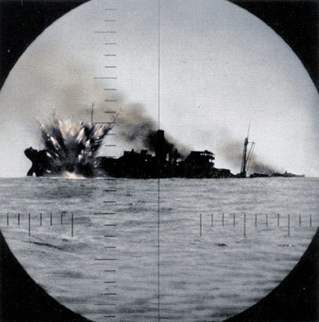 Ships sinking, as seen from submarines and u-boats during WWI and WWII. All  colourised by me. [Album] : r/WarshipPorn
