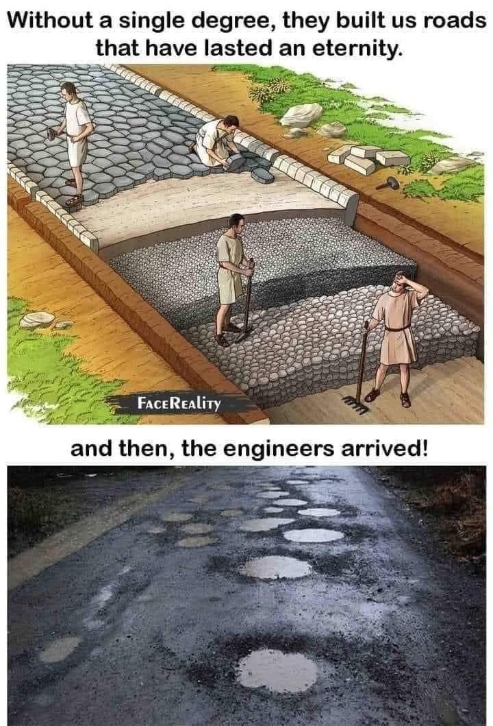 May be an image of 5 people, outdoors and text that says 'Without a single degree, they built us roads that have lasted an eternity. FACEREALiTY and then, the engineers arrived!'