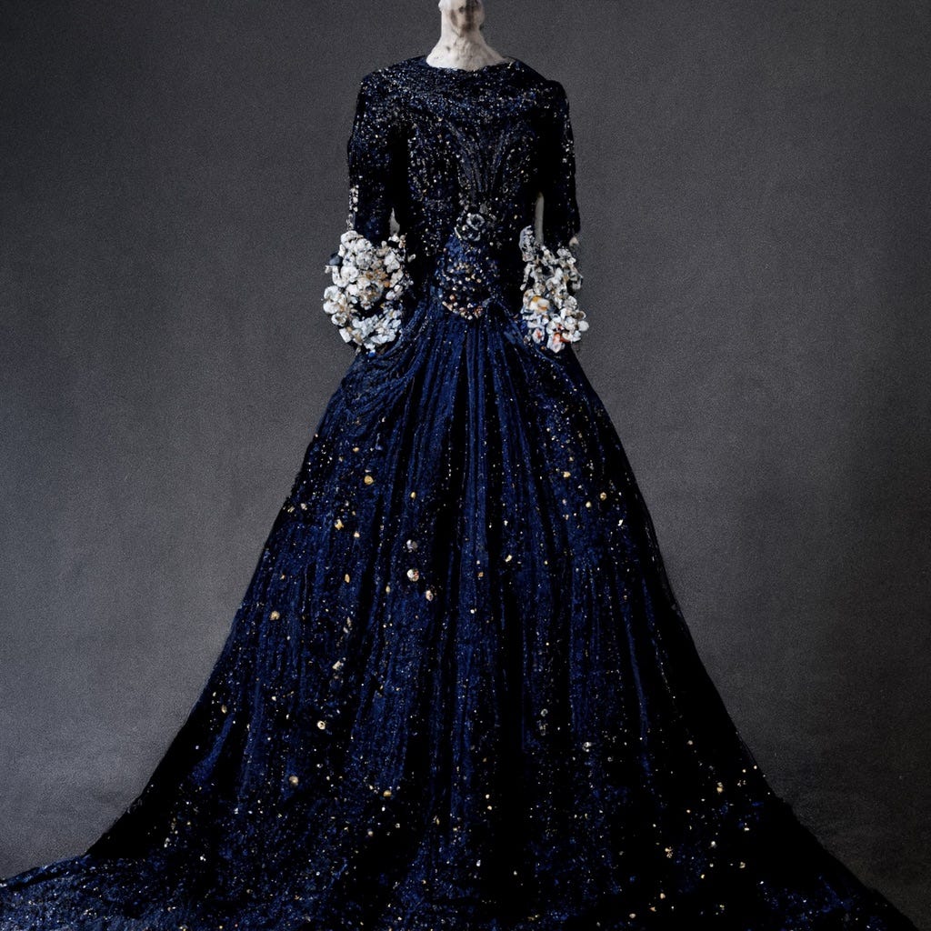 A dress of deep midnight blue silk, with moons embroidered in silver thread & stars sparkling with thousands of diamonds