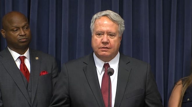 Rep. Jay Hoffman, D-Swansea, speaks at a news conference earlier this year. Behind him is Speaker Emanuel "Chris" Welch, D-Hillside. Hoffman said lawmakers are still considering their options for paying down a $4.3 billion deficit in the Unemployment Insurance Trust Fund. (Credit: Blueroomstream.com)