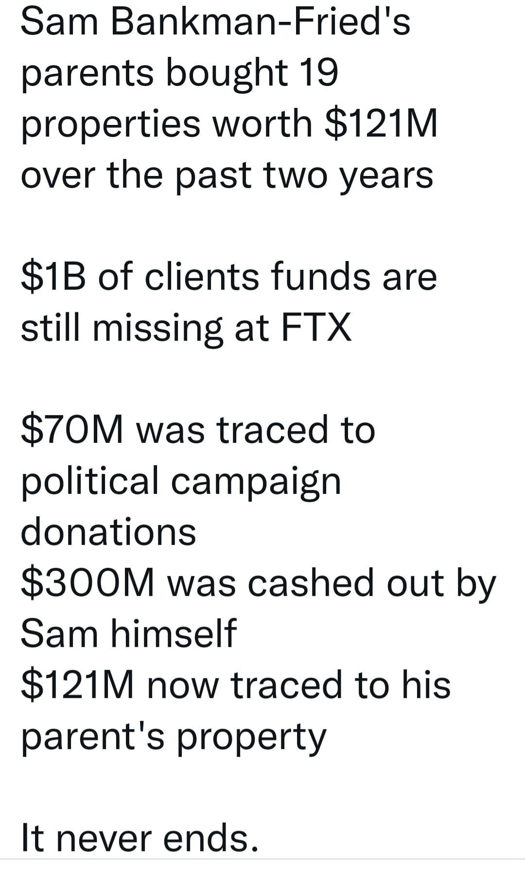 May be an image of text that says 'Sam Bankman-Fried's parents bought 19 properties worth $121M over the past two years $1B of of clients funds are still missing at FTX $70M was traced to political campaign donations $300M was cashed out by Sam himself $121M now traced to his parent's property It never ends.'