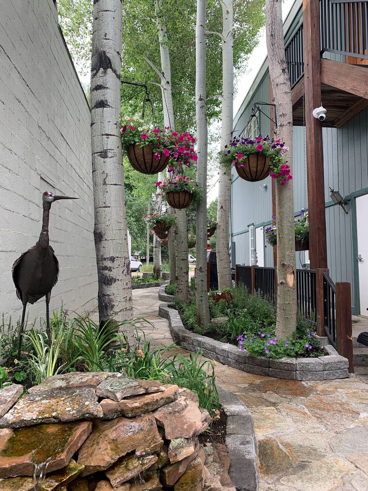 I loved this pretty walkway in Ennis, Montana with flower pots hanging from trees.