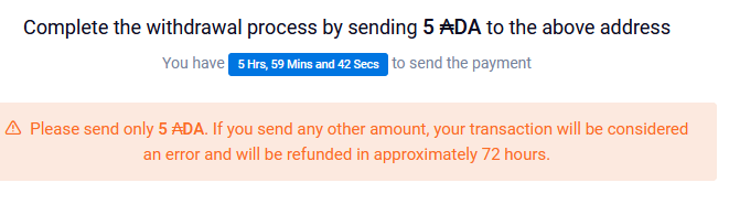 A screen capture from the DripDropz interface showing a request for 5 ADA with a 6 hour timer.