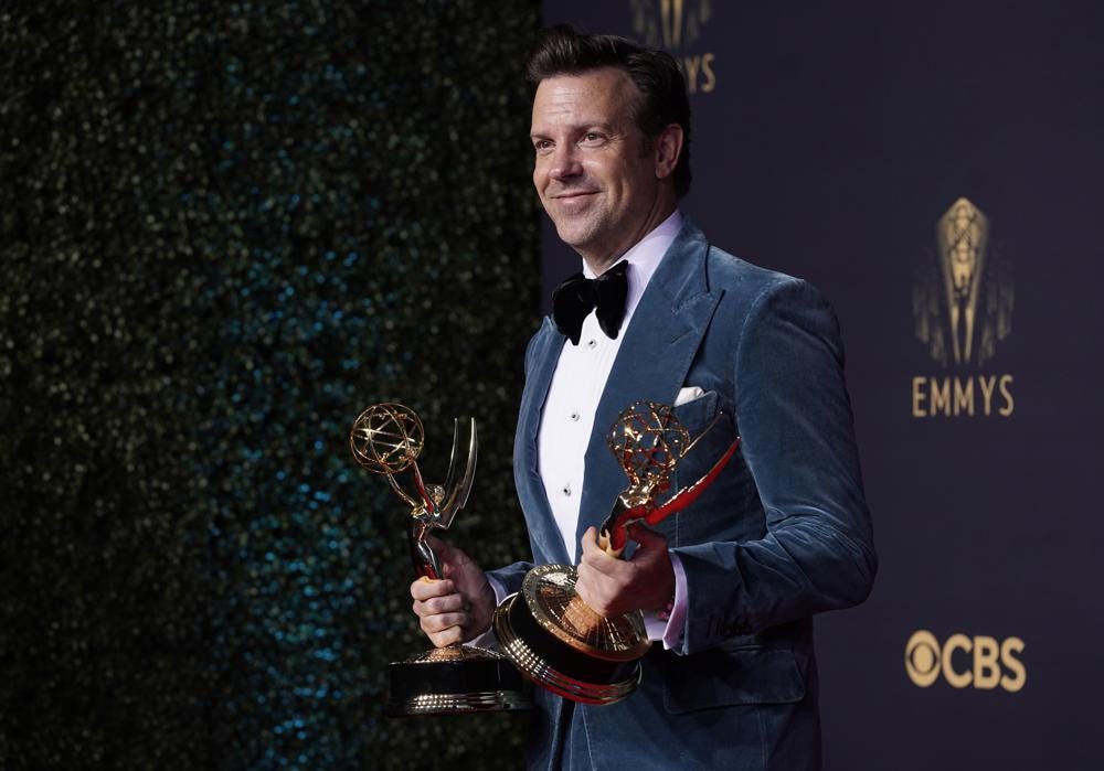 Jason Sudeikis poses for a photo with the award for outstanding lead actor in a comedy series for "Ted Lasso" at the 73rd Primetime Emmy Awards on Sunday, Sept. 19, 2021, at L.A. Live in Los Angeles. (AP Photo/Chris Pizzello)