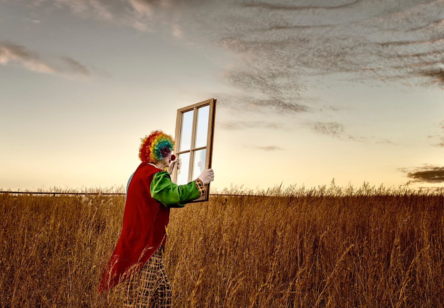 A rainbow wigged clown standing in a wheat field holding a four pane window and staring thoughit