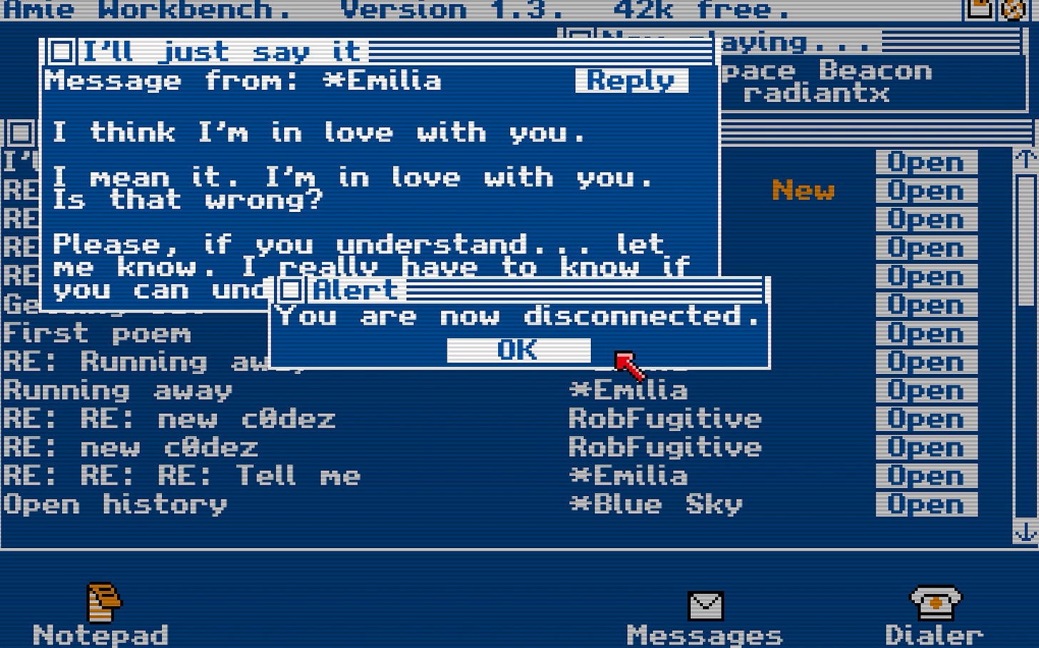 A screenshot from the retro interface of Digital: A Love Story, showing a message window with a love confession from Emilia overlaid by a pop-up reading "You are now disconnected."