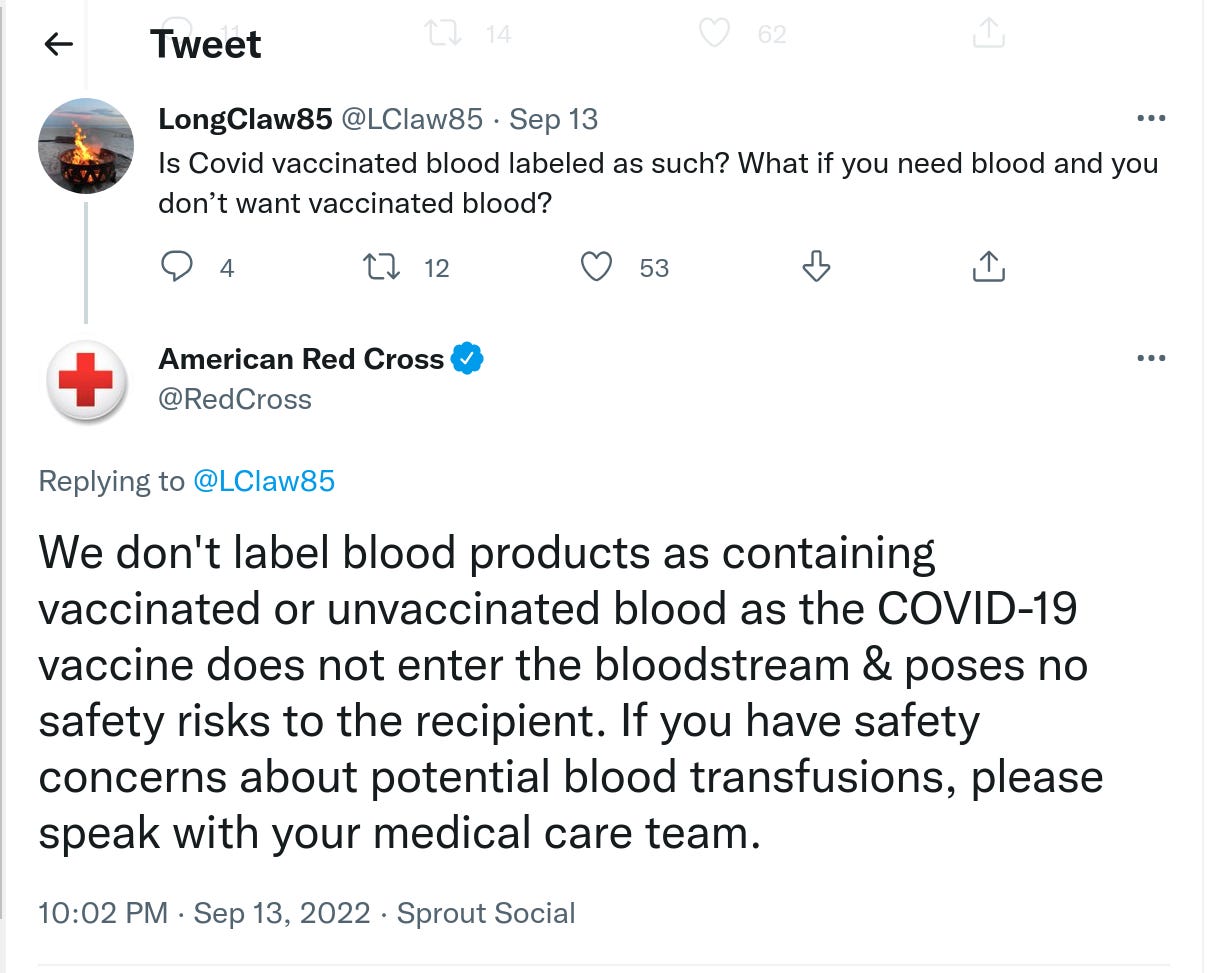 The American Red Cross: "We Don’t Label Blood Products As Containing Vaccinated or Unvaccinated Blood As the COVID-19 Vaccine Does Not Enter the Bloodstream"