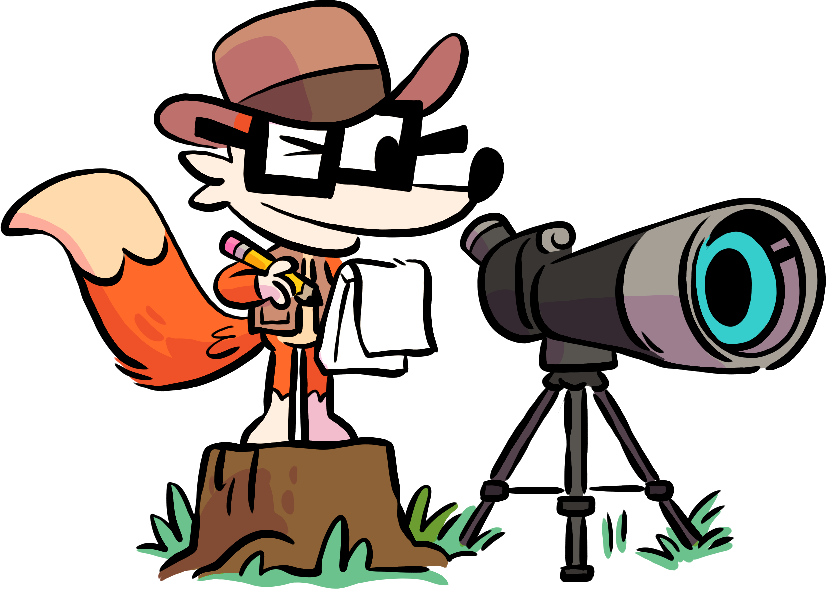 Illustration of Fivey Fox looking through a telescope, taking notes on a notepad. Fivey is dressed in birding gear.