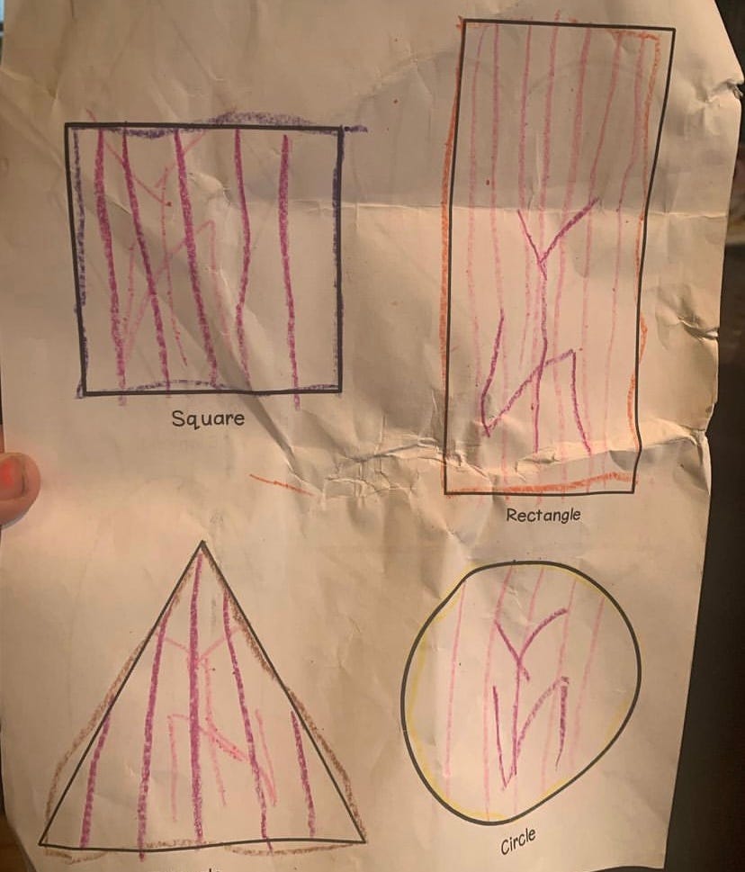 a child's coloring page full of shapes filled to look like Yankees pinstripes