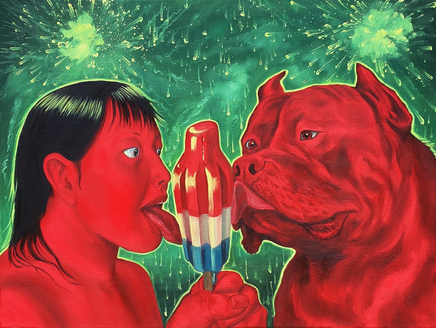 Pintura onde se vê uma mulher e um buldogue, ambos vermelhos, lambendo o mesmo picolé com as cores dos Estados Unidos. Ao fundo, fogos de artíficios explodem em um céu verde neon
