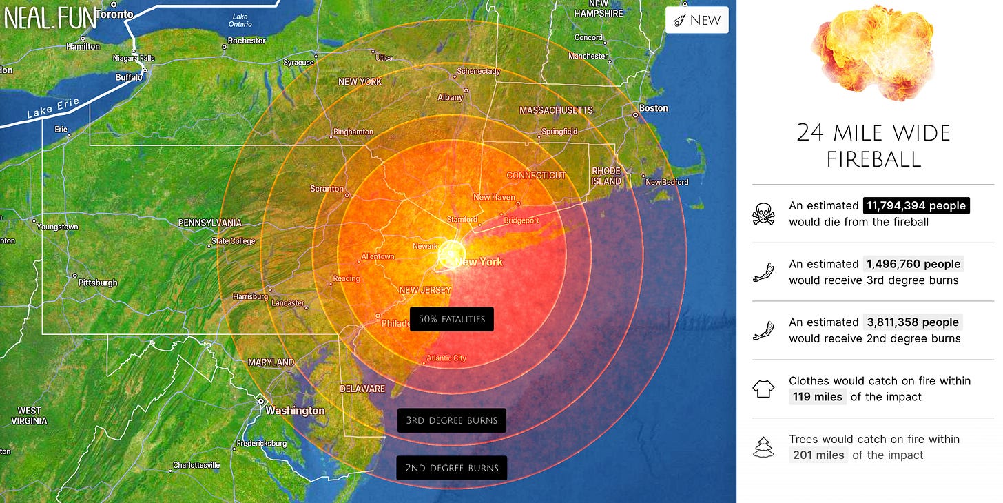 A screenshot of Neal.fun’s asteroid impact simulator, showing the 24 mile wide expanse of a fireball from a 0.8 mile wide asteroid slamming into New York.