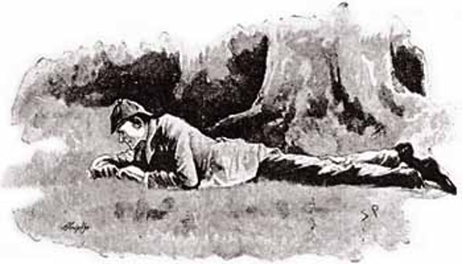1891 illustration of Holmes scrutinising a crime scene. Camden House