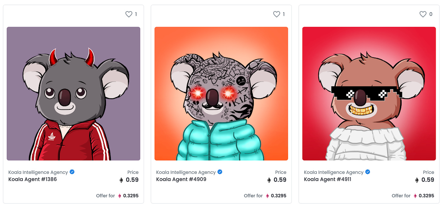 Three cartoon koalas available for sale as NFTs on the OpenSea marketplace