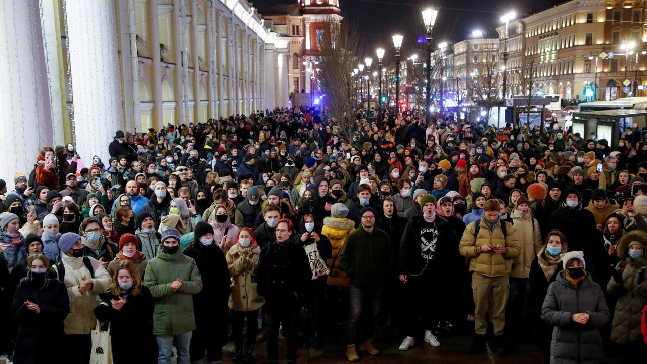 People attend an anti-war protest, after Russian President Vladimir Putin authorised a military operation in Ukraine, in Saint Petersburg, Russia. Picture: REUTERS/Anton Vaganov