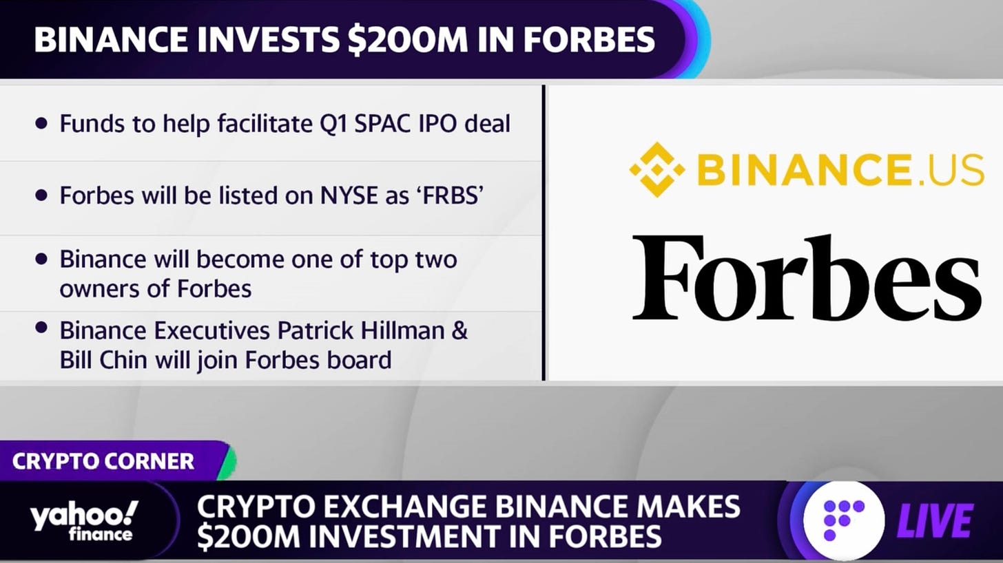 Crypto exchange Binance makes $200 million investment in Forbes