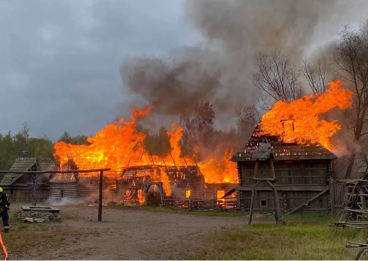 Medieval village from "KCD Weapons vs. Armor" that shows life of 15th  century burned down. I guess they were simulating raid of cumans :  r/kingdomcome