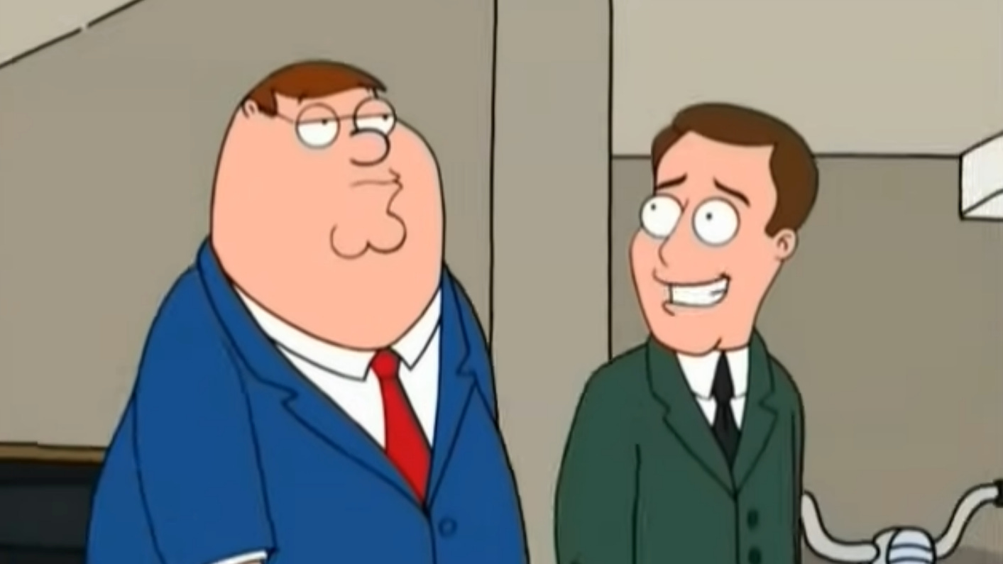 Screencap of Family Guy where Peter is walking with the Company Suck Up