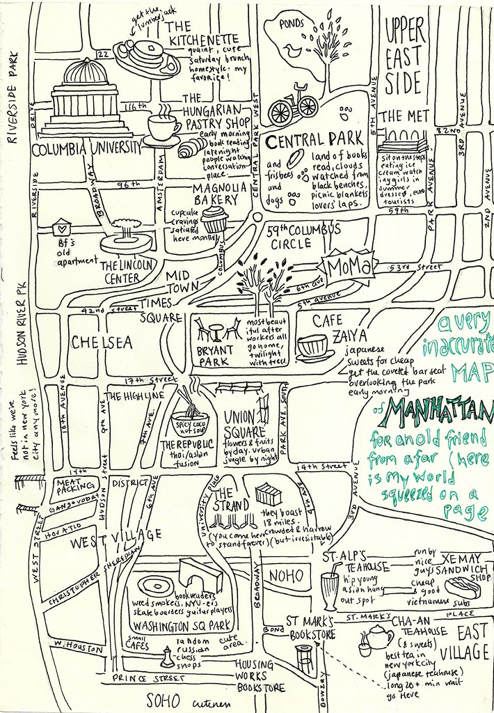 hand drawn and annotated map of Manhattan. "Hand-illustrated Map of Manhattan" by kening.zhu is licensed under CC PDM 1.0 
