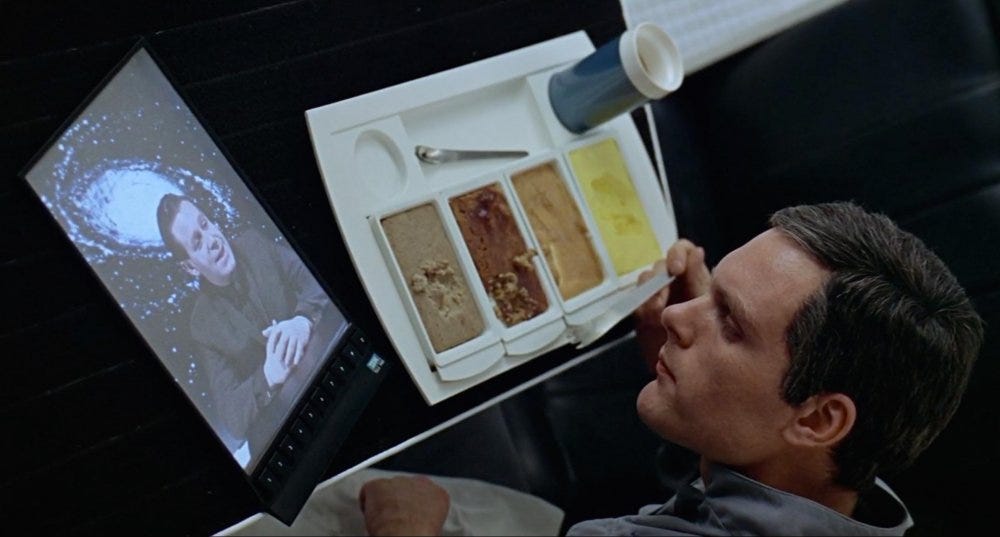 A still from the 1968 film 2001: A Space Odyssey, where Kubrick’s props included a device that eerily prefigured the iPad.