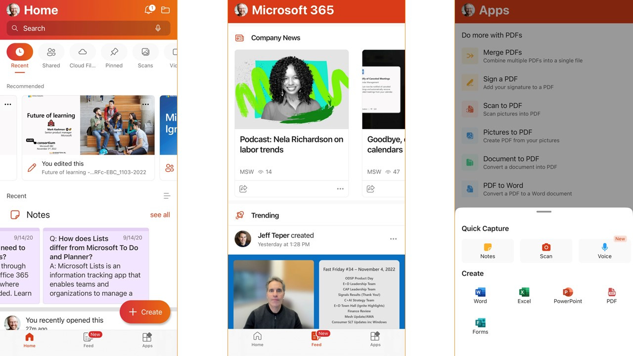Three screenshots of Office app for iOS, left-to-right: 1) Getting back to “recent” work - with great filters (my favorite new filter: Loop, 2) The Feed - company news and trending content, and 3) Be a Doer, capture and create - start from a template or front scratch.
