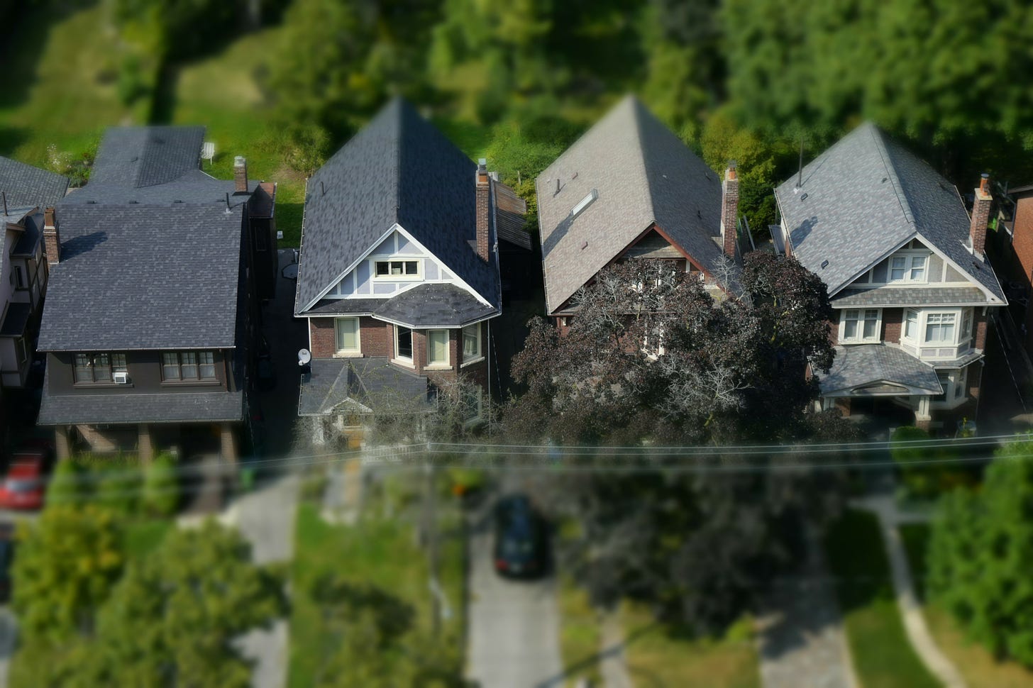 Neighborhood houses viewed from above.