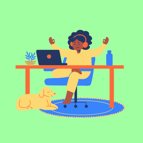 A Black woman wearing a yellow tracksuit with headphones on, with her hands in the air sat at her desk in front of her laptop. And a dog sat under the desk 