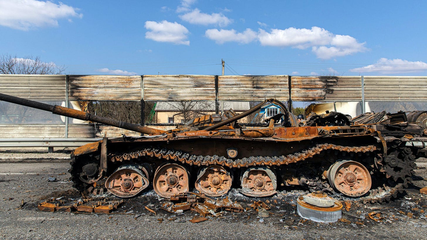 KALYNIVKA, KYIV, UKRAINE - 2022/03/25: A fully destroyed T-72 Russian battle tank in Kyiv Oblast. Day 29 of the Russia-Ukraine war, Ukraine continues the defence of its capital Kyiv from Russia attack. Ukraine Ministry Defense claimed they had destroyed 561 Russian tanks. NATO says Russia may have lost 15,000 troops in just a month of the war.